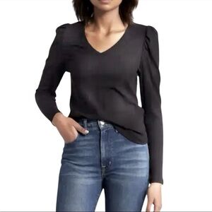 Nation LTD Black V Neck Long Puff Ruched Sleeve Shirt Top Pima Cotton Kristen XS